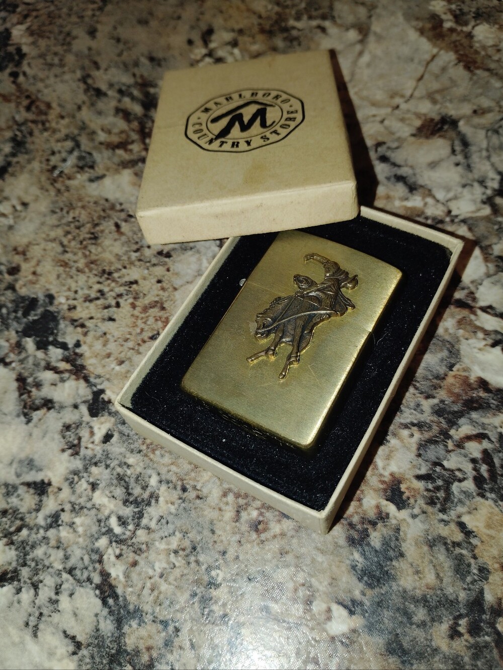 Vintage Marlboro Country Store Brass Zippo Lighter – Bucking Bronco Emblem (NIB